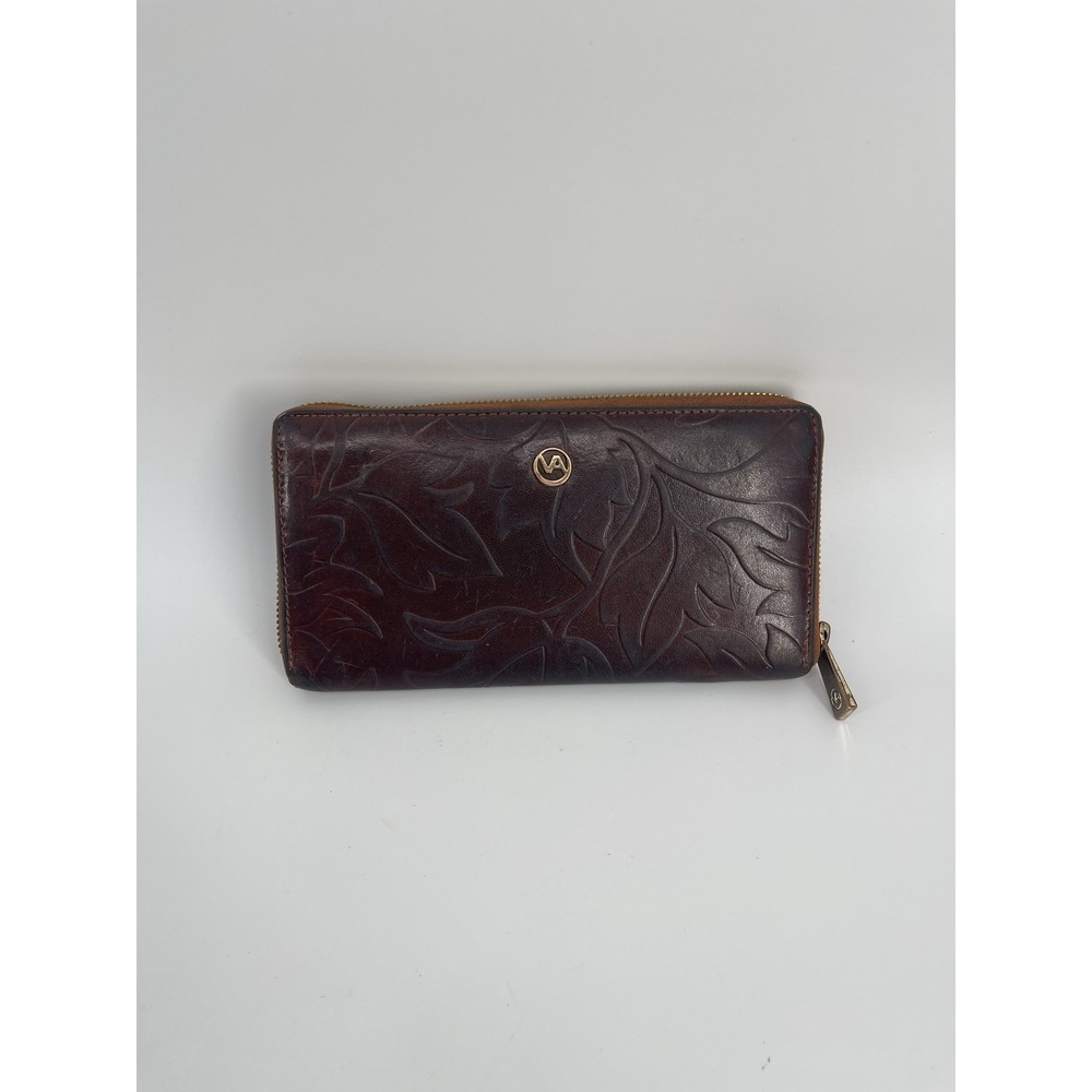 Valentina Italy Brown Embossed Leather Zip‎ Around Wallet Floral Women's